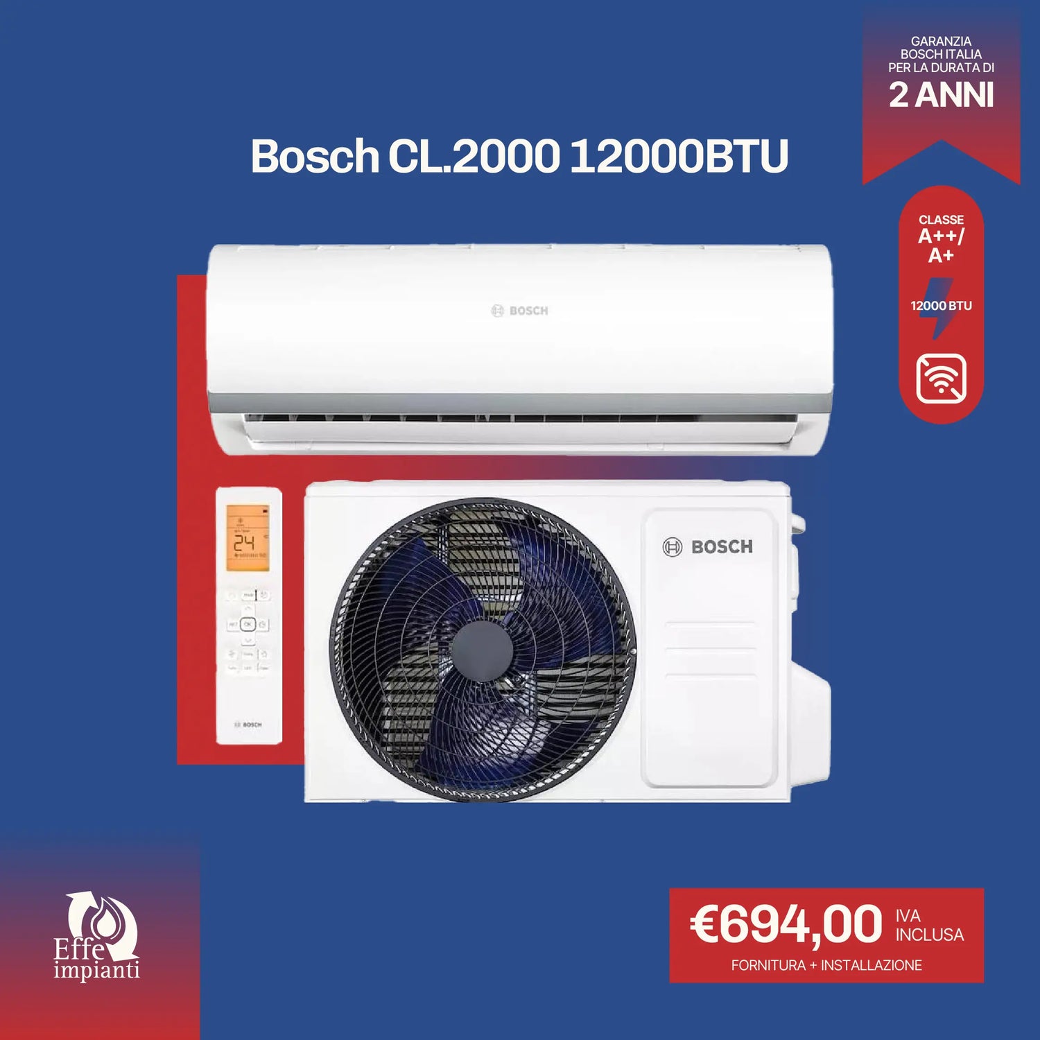 Climatizzatore Bosch CL.2000 senza WiFi con installazione inclusa - 12000 BTU