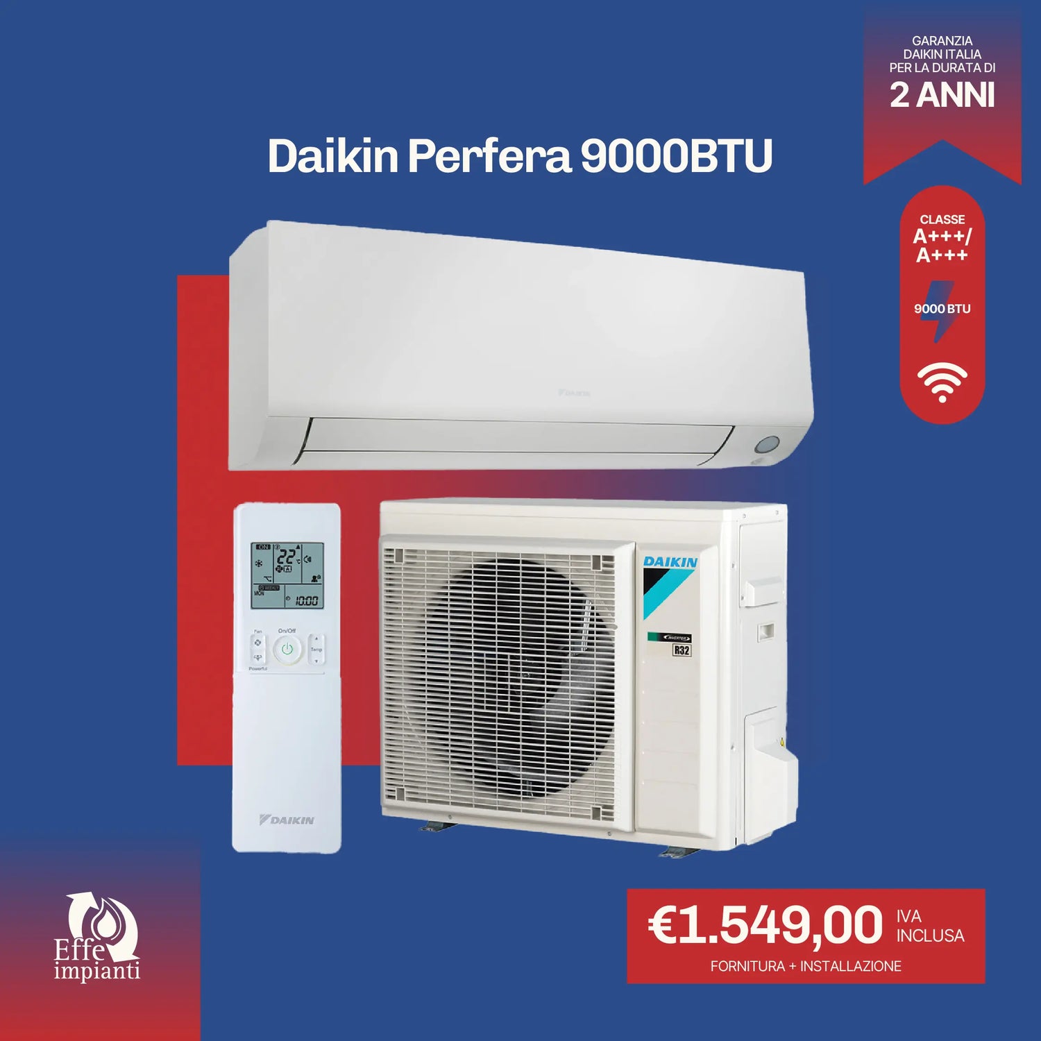Climatizzatore Daikin Perfera WiFi con installazione inclusa - 9000 BTU