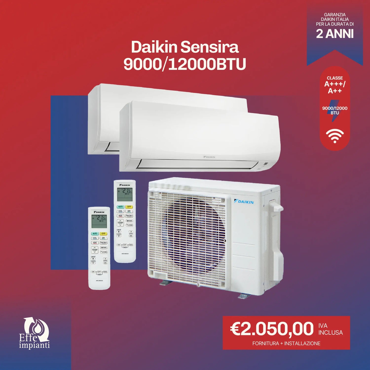 Climatizzatore dual Daikin Sensira WiFi con installazione inclusa - 9000 + 12000 BTU BTU