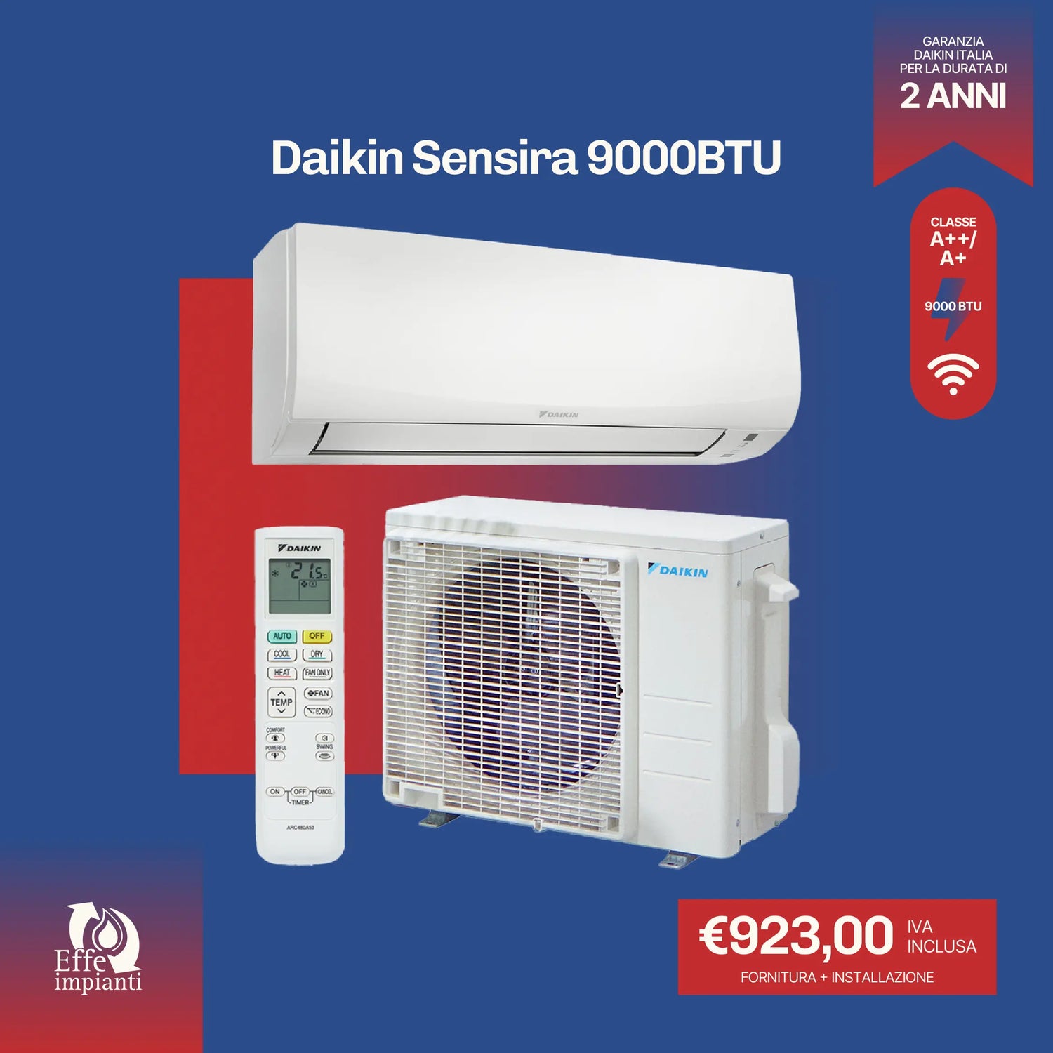 Climatizzatore Daikin Sensira WiFi con installazione inclusa - 9000 BTU