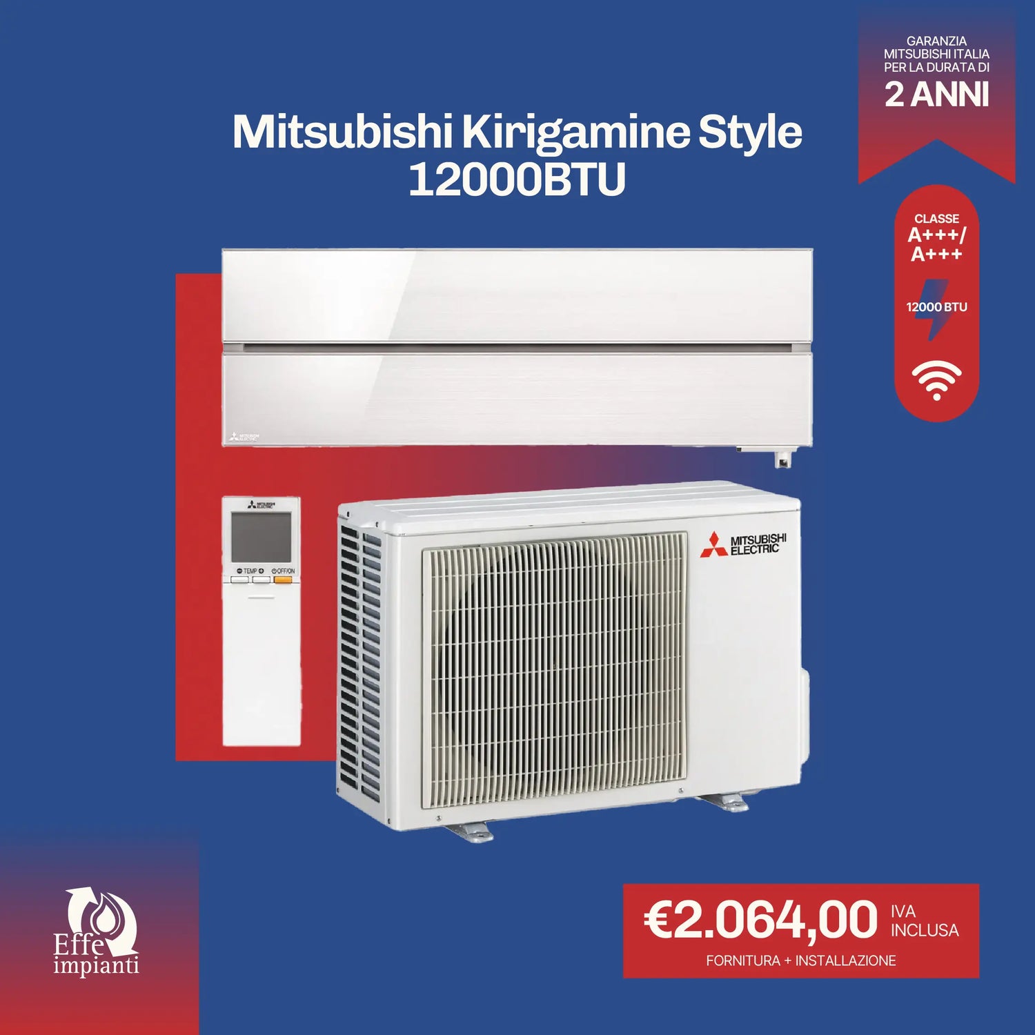 Climatizzatore Mitsubishi Kirigamine Style WiFi con installazione inclusa - 12000 BTU