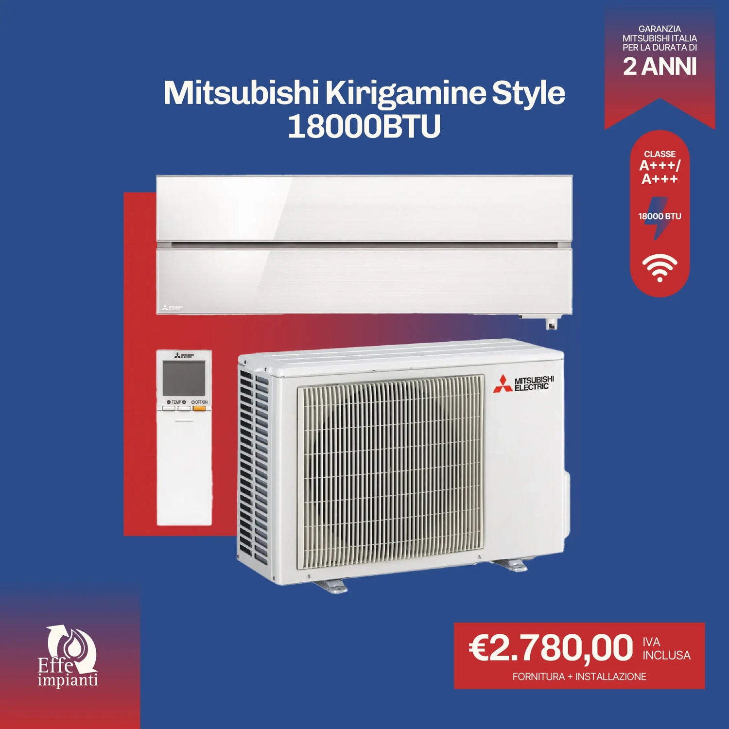 Climatizzatore Mitsubishi Kirigamine Style WiFi con installazione inclusa - 18000 BTU