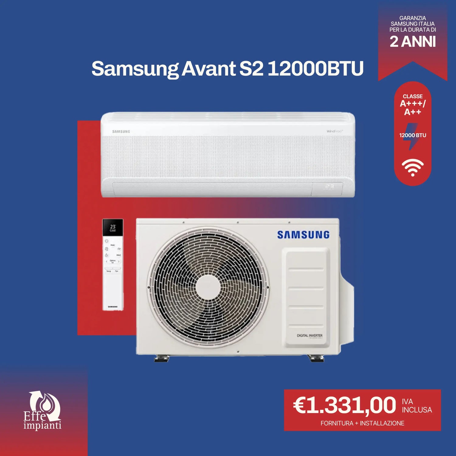 Climatizzatore Samsung Avant S2 WiFi con installazione inclusa - 12000 BTU