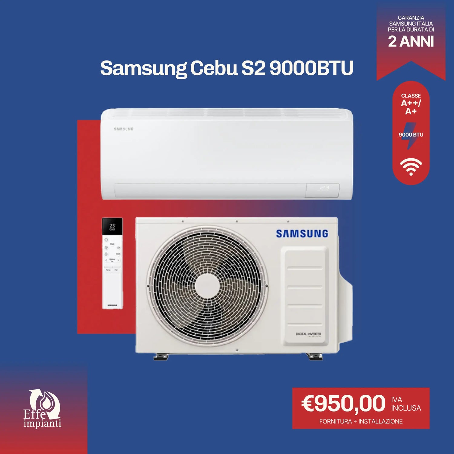 Climatizzatore Samsung Cebu S2 WiFi con installazione inclusa - 9000 BTU