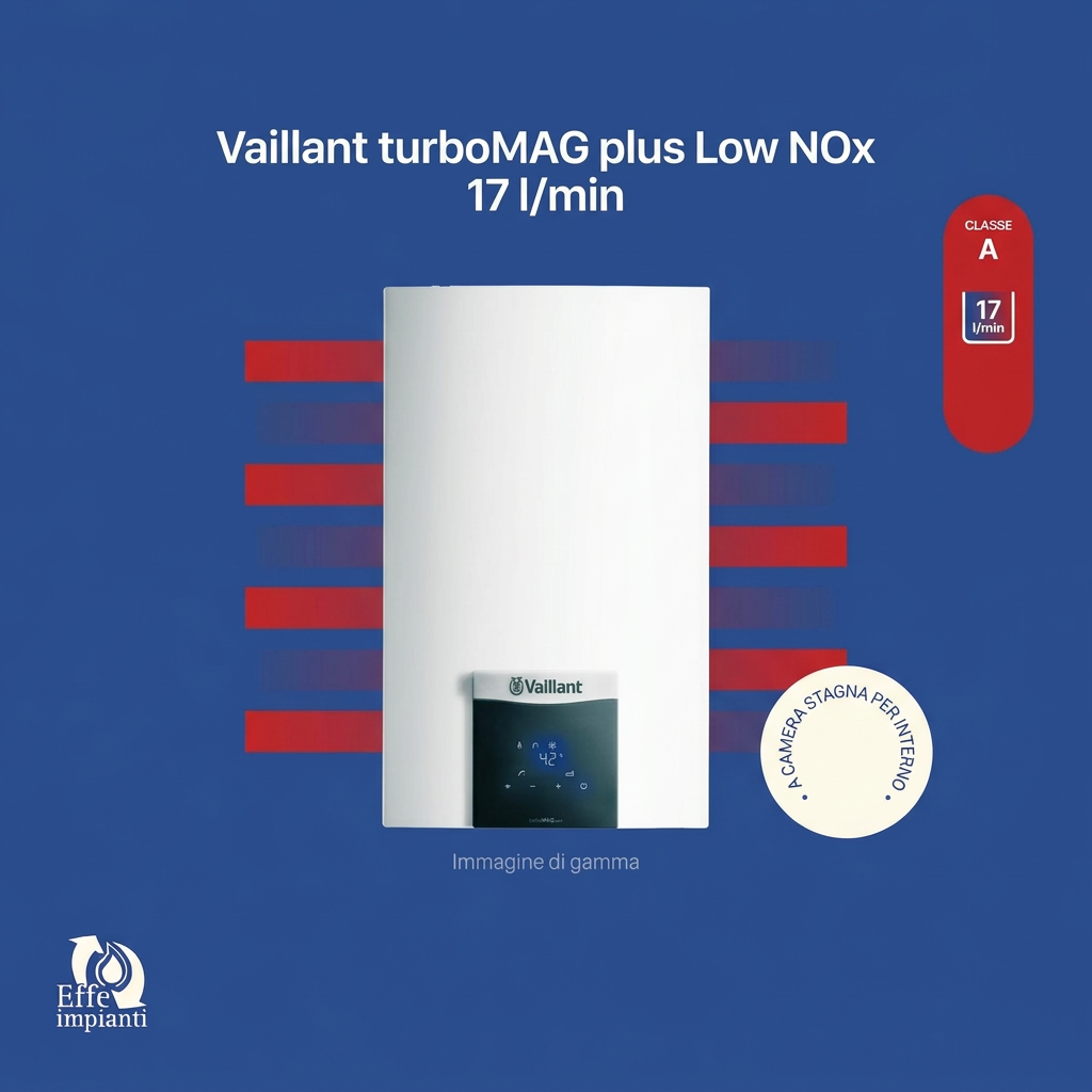 Vaillant turboMAG plus Low NOx 17 l/min, immagine di gamma con logo Effe impianti
