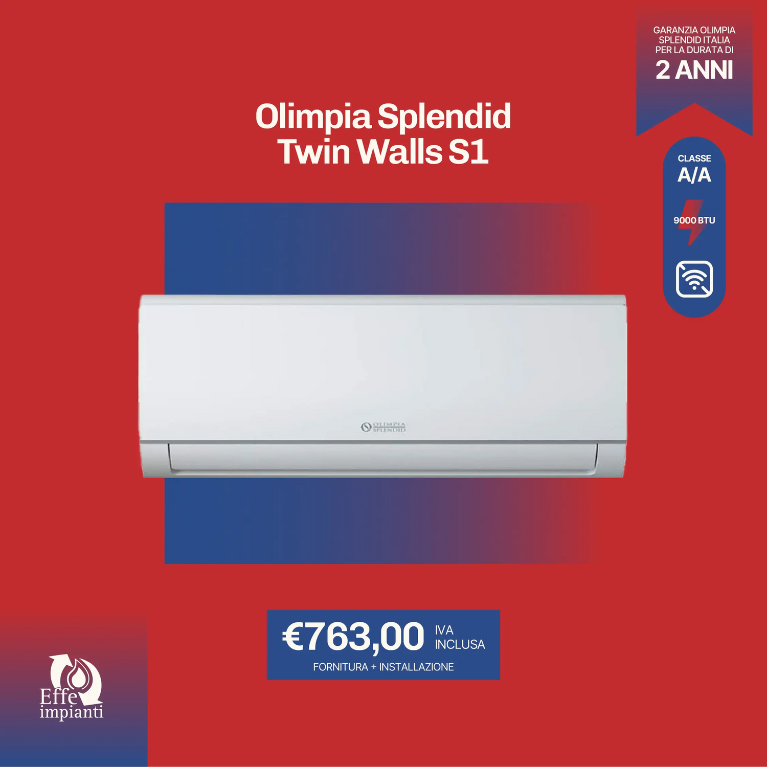 Olimpia Splendid Twin Walls S1 CL.A/A 9000 BTU con installazione inclusa