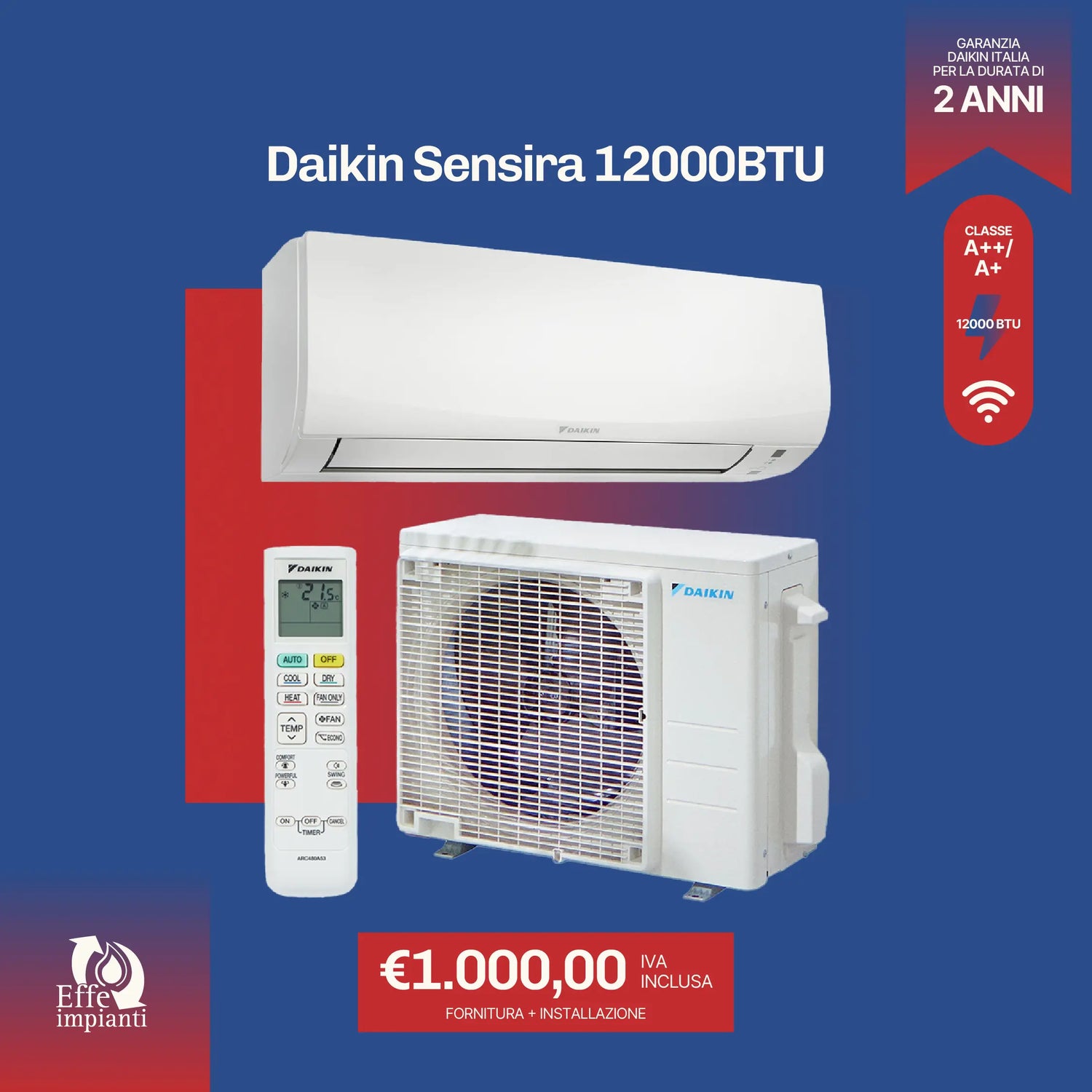 Climatizzatore Daikin Sensira WiFi con installazione inclusa - 12000 BTU