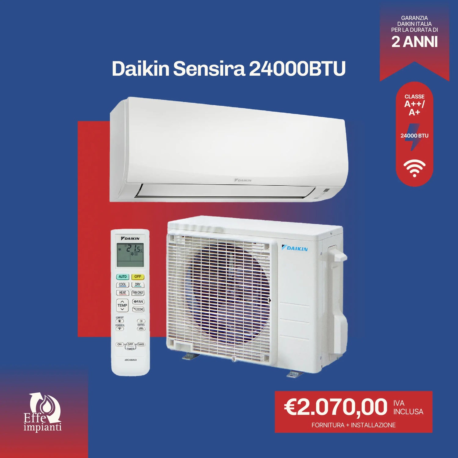 Climatizzatore Daikin Sensira WiFi con installazione inclusa - 24000 BTU