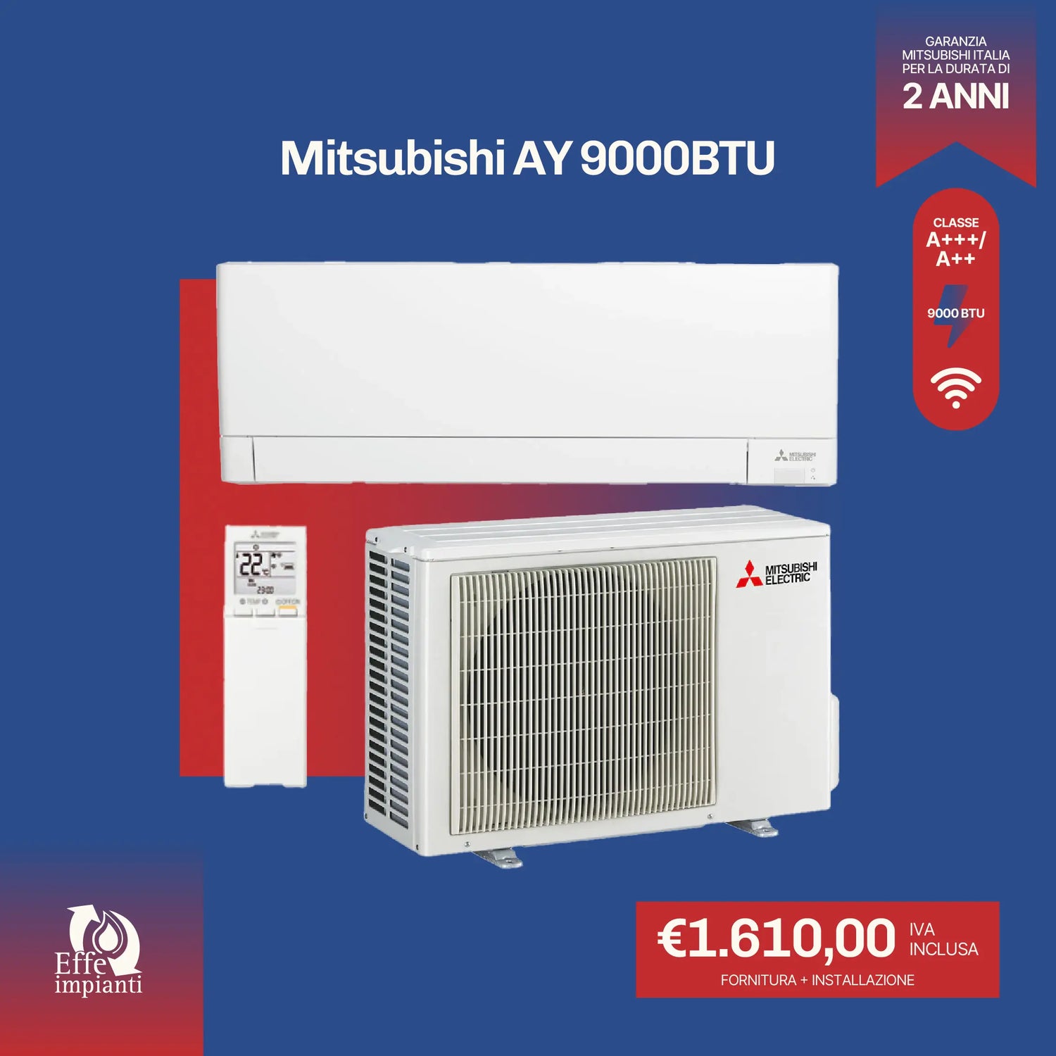 Climatizzatore Mitsubishi AY WiFi con installazione inclusa - 9000 BTU