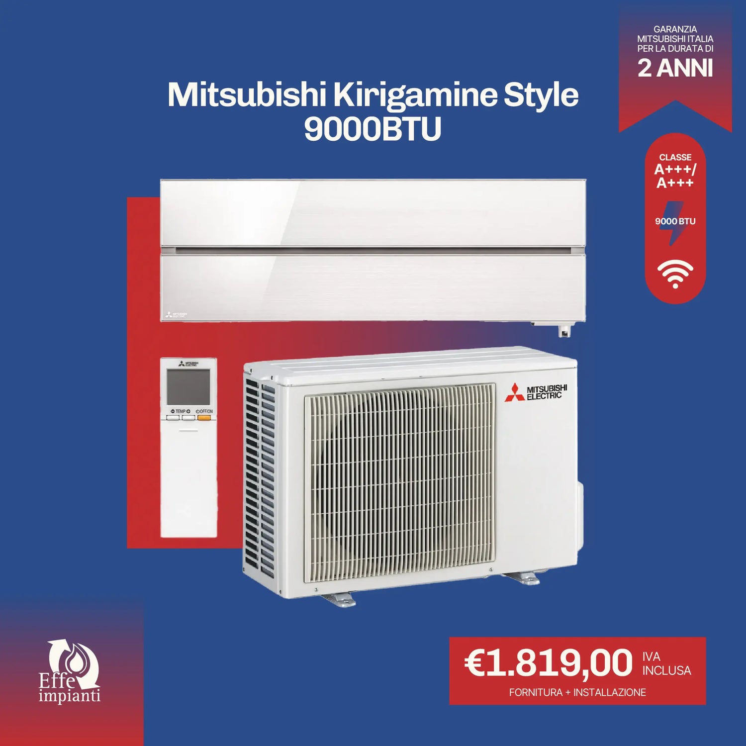 Climatizzatore Mitsubishi Kirigamine Style WiFi con installazione inclusa - 9000 BTU