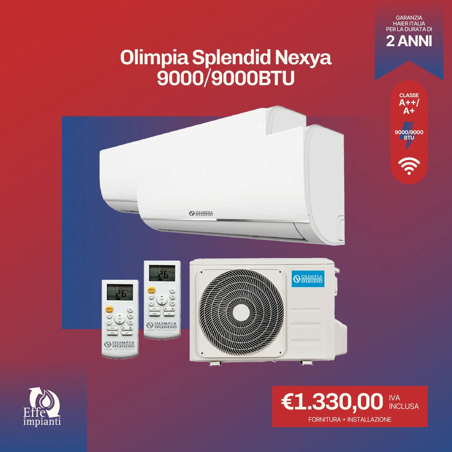 Climatizzatore dual Olimpia Splendid Nexya WiFi con installazione inclusa - 9000 + 9000 BTU BTU