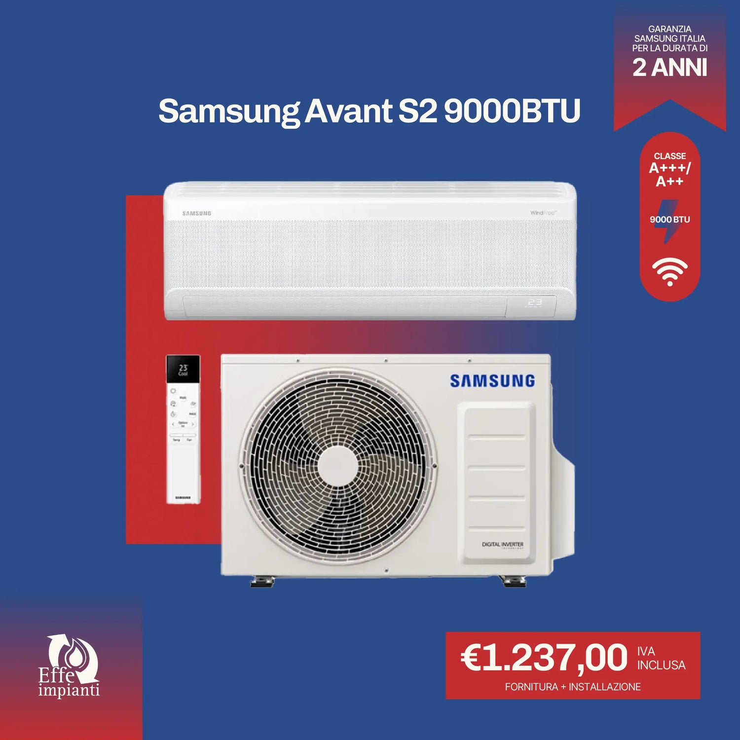 Climatizzatore Samsung Avant S2 WiFi con installazione inclusa - 9000 BTU