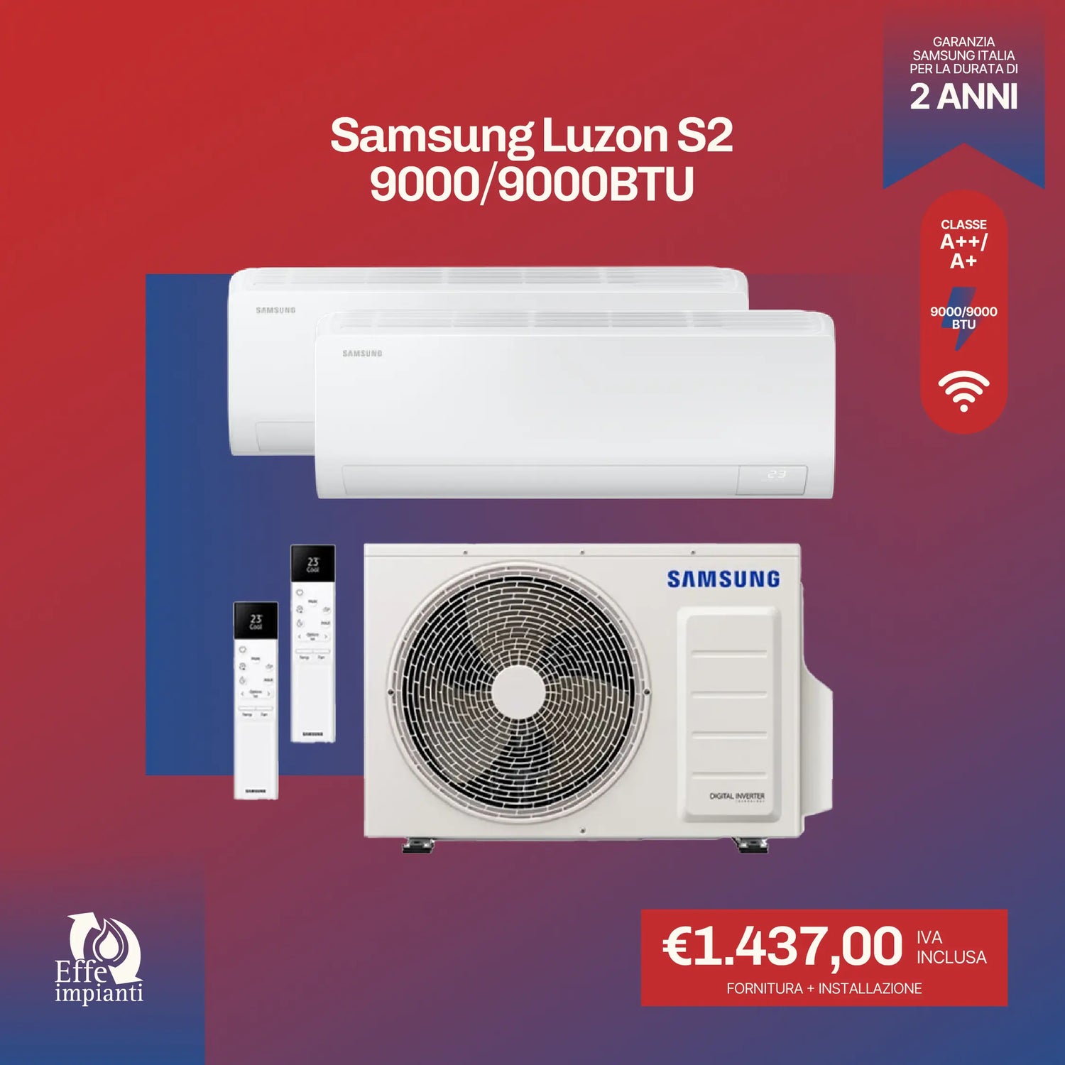 Climatizzatore dual Samsung Luzon S2 WiFi con installazione inclusa - 9000 + 9000 BTU BTU