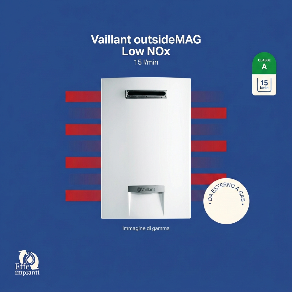 Vaillant outsideMAG Low NOx 15 l/min da esterno a gas, immagine di gamma con logo Effe impianti