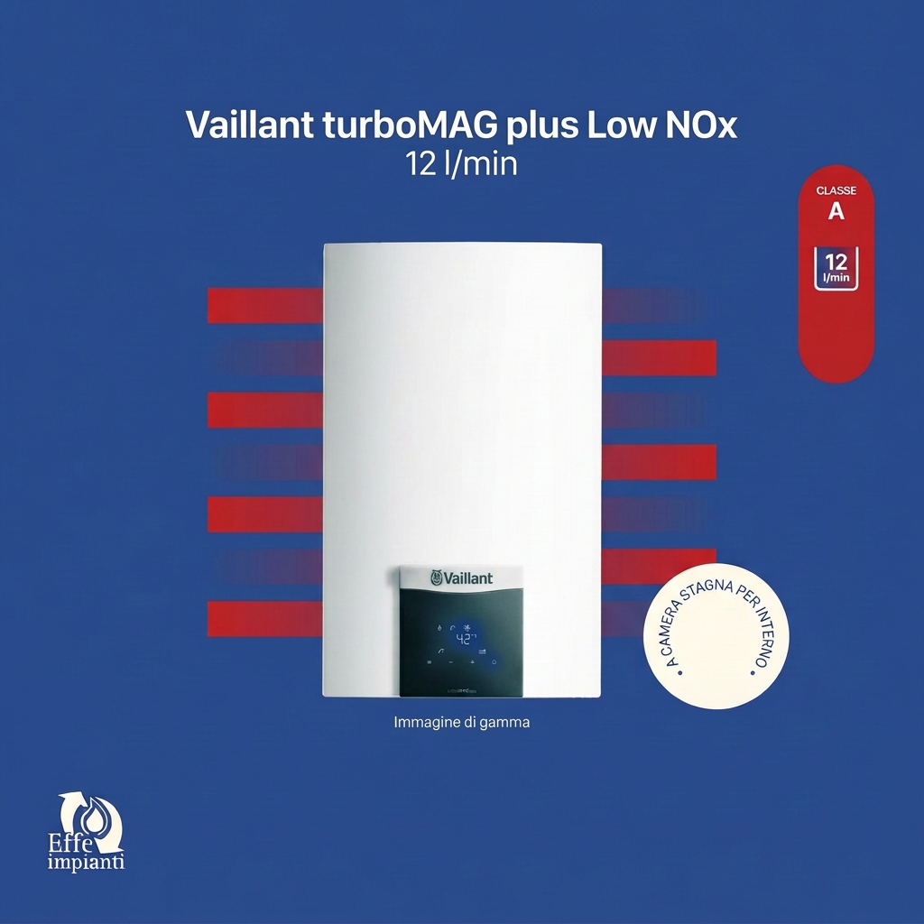 Vaillant turboMAG plus Low NOx 12 l/min, immagine di gamma con logo Effe impianti