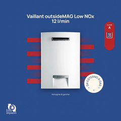 Vaillant outsideMAG Low NOx 12 l/min da esterno a gas, immagine di gamma con logo Effe impianti